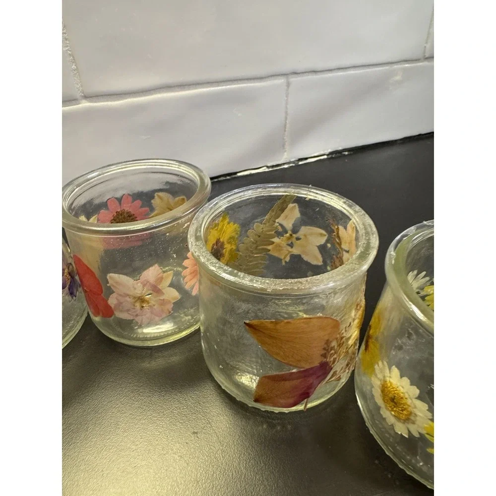 Handmade Pressed Flowers Votive Candle Holders Set‎ of 7 Spring Simmer Decor